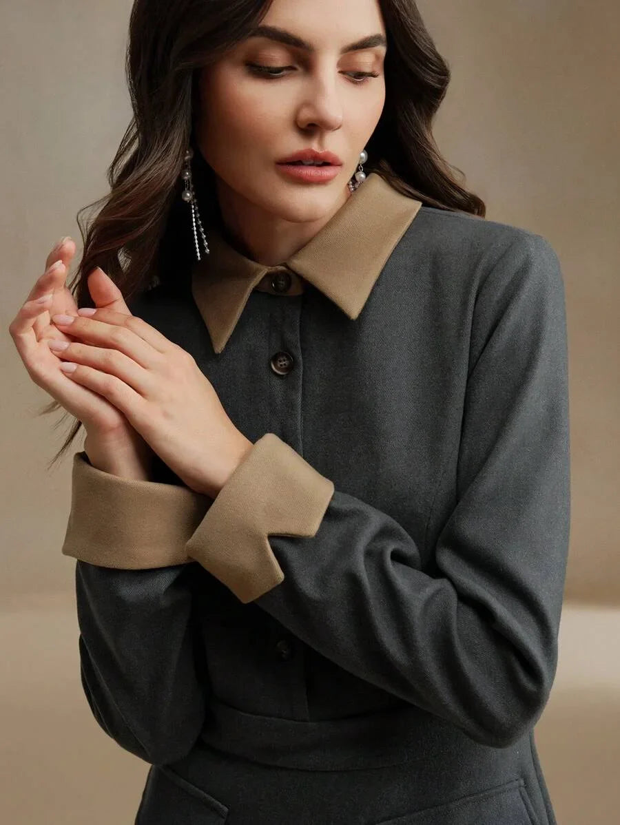 Elegant Contrast Color Faux Pocket Design Woolen Dress With Collar And Sleeve Details For Women