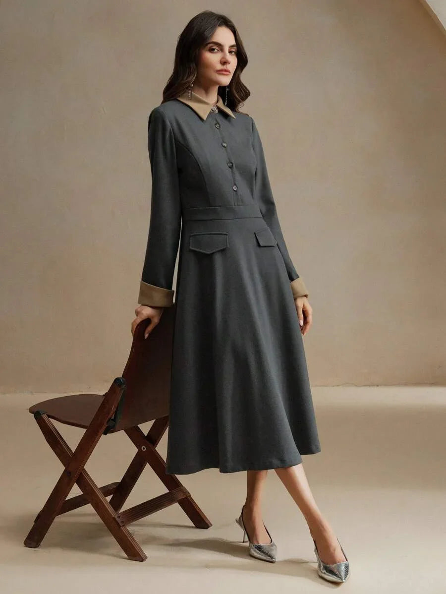 Elegant Contrast Color Faux Pocket Design Woolen Dress With Collar And Sleeve Details For Women