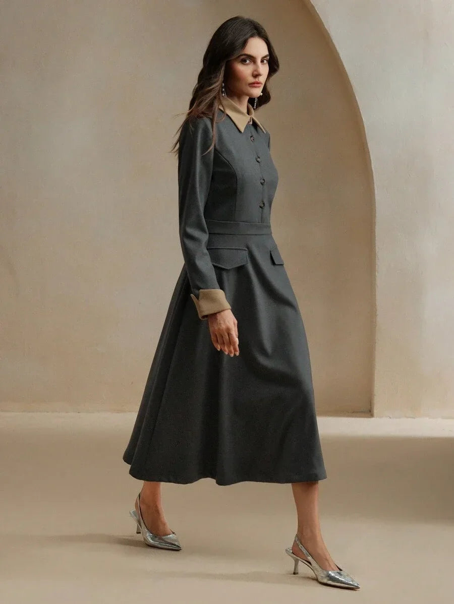 Elegant Contrast Color Faux Pocket Design Woolen Dress With Collar And Sleeve Details For Women