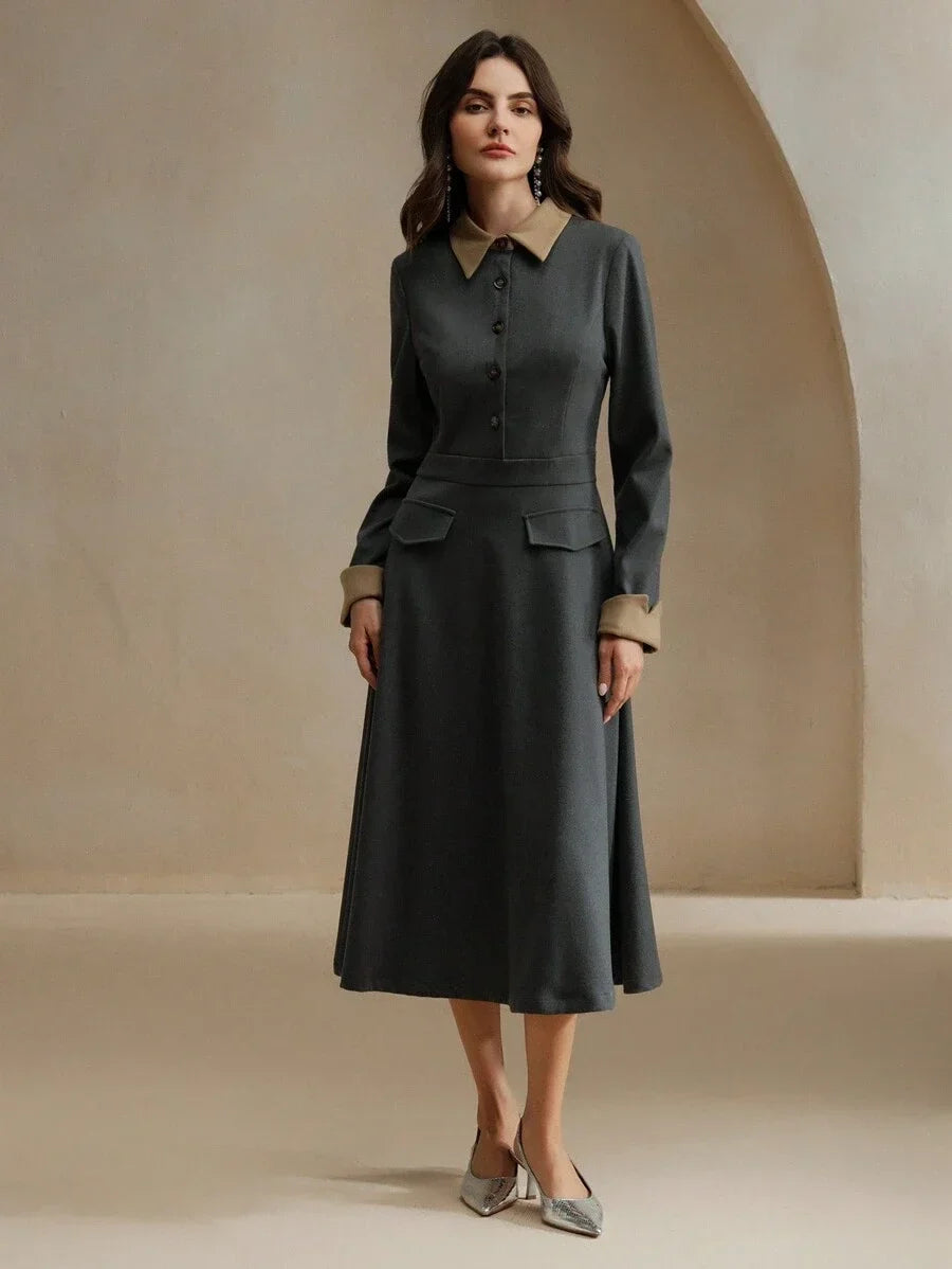Elegant Contrast Color Faux Pocket Design Woolen Dress With Collar And Sleeve Details For Women