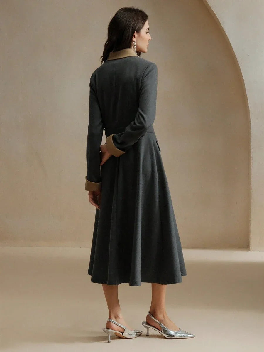 Elegant Contrast Color Faux Pocket Design Woolen Dress With Collar And Sleeve Details For Women