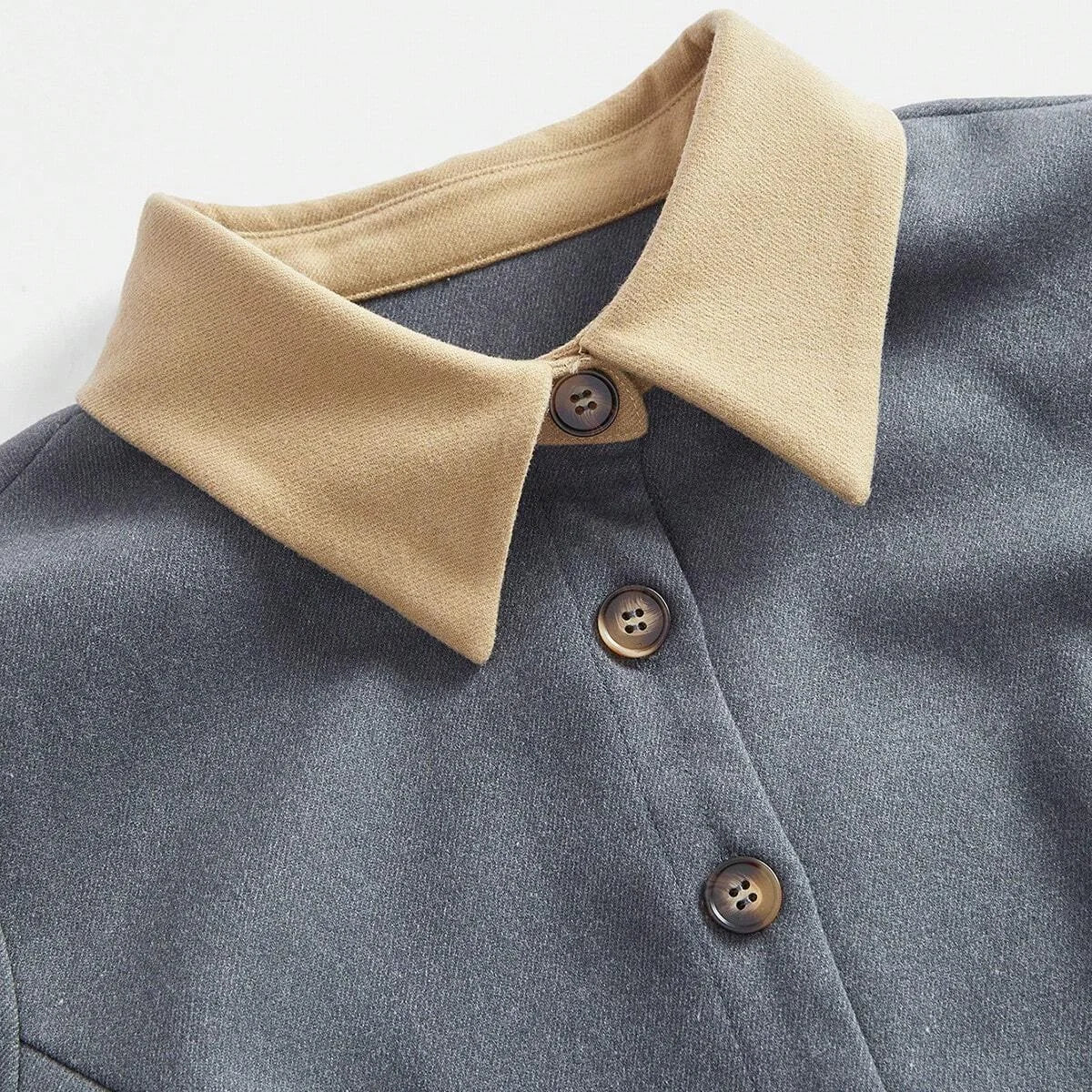 Elegant Contrast Color Faux Pocket Design Woolen Dress With Collar And Sleeve Details For Women