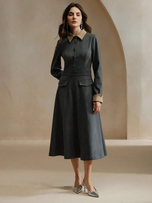 Elegant Contrast Color Faux Pocket Design Woolen Dress With Collar And Sleeve Details For Women