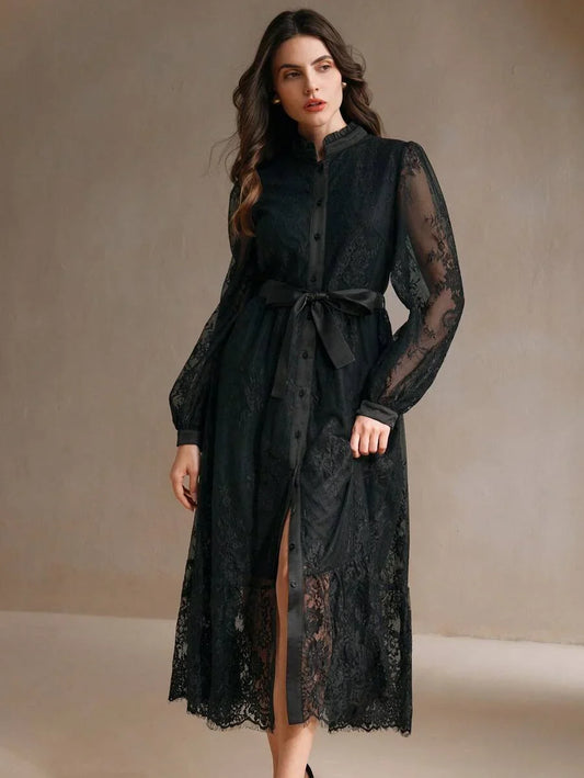 Elegant Embroidered Lace Midi Dress For Women SpringAutumn Maxi Women Outfit