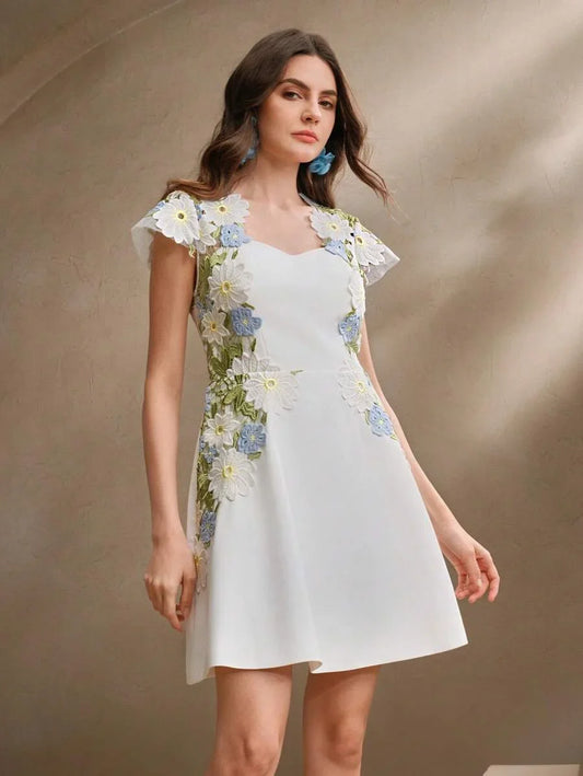 Elegant Floral Embroidery amp Hollow Out Ruched Waist Womens Dress FestivalGoing OutVacation