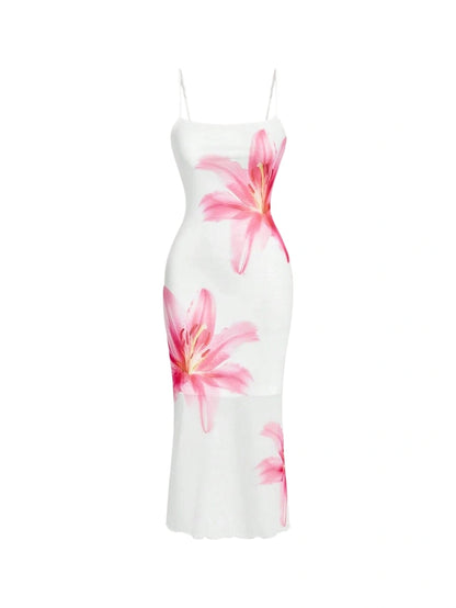 floral print spaghetti strap midi dress with pink lilies on a white background