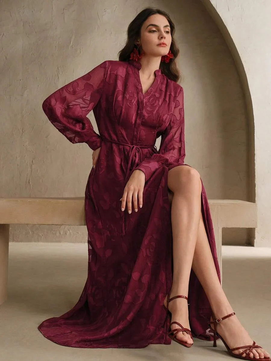 Elegant Floral Print VNeck Lantern Sleeve Cinched Waist Dress Stylish Going Out Festival Spring