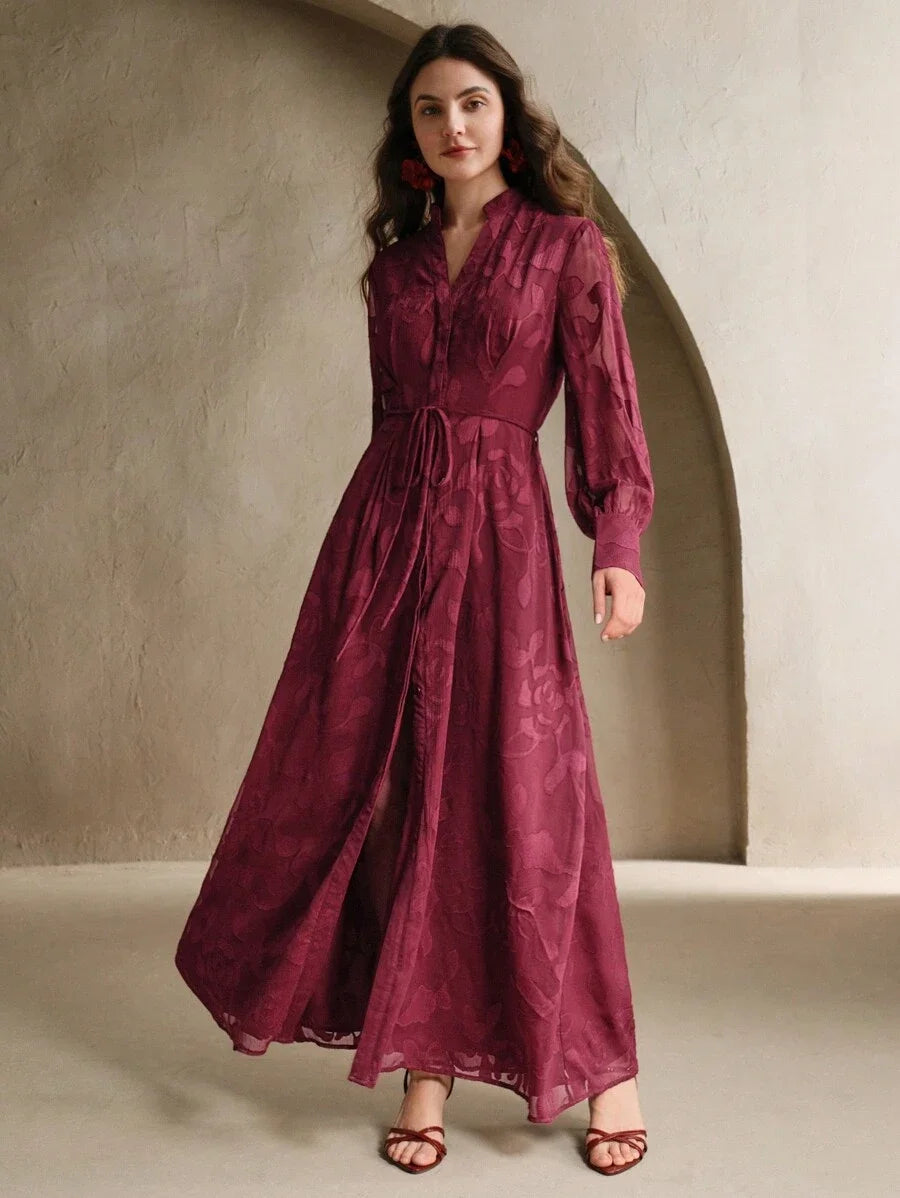 Elegant Floral Print VNeck Lantern Sleeve Cinched Waist Dress Stylish Going Out Festival Spring