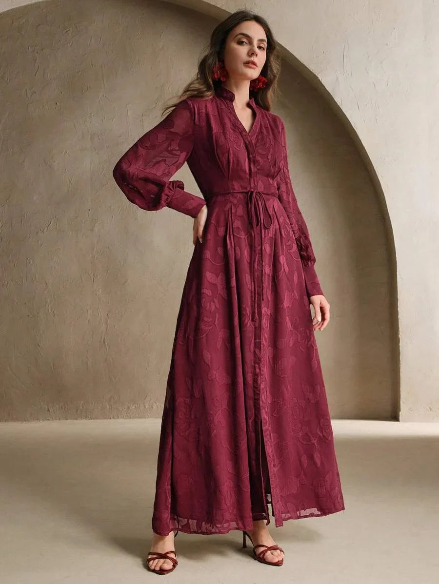 Elegant Floral Print VNeck Lantern Sleeve Cinched Waist Dress Stylish Going Out Festival Spring