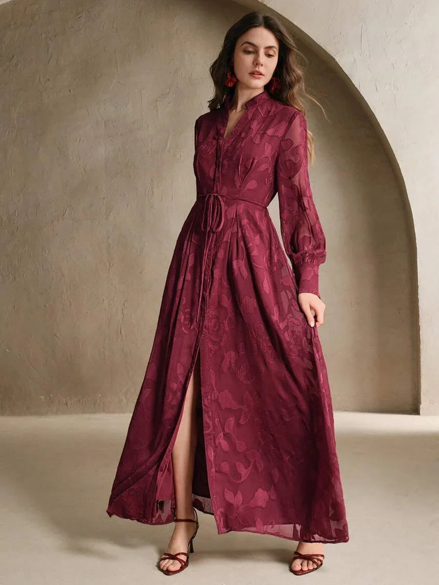 Elegant Floral Print VNeck Lantern Sleeve Cinched Waist Dress Stylish Going Out Festival Spring