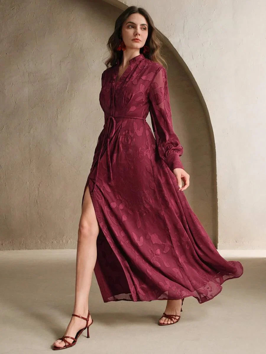 Elegant Floral Print VNeck Lantern Sleeve Cinched Waist Dress Stylish Going Out Festival Spring