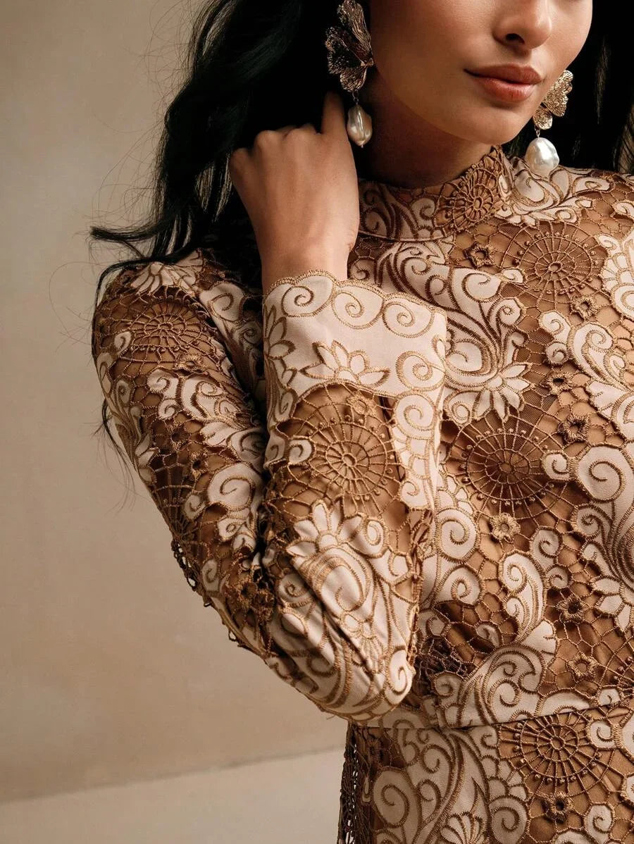 Elegant HollowOut Embroidery Dress Autumn