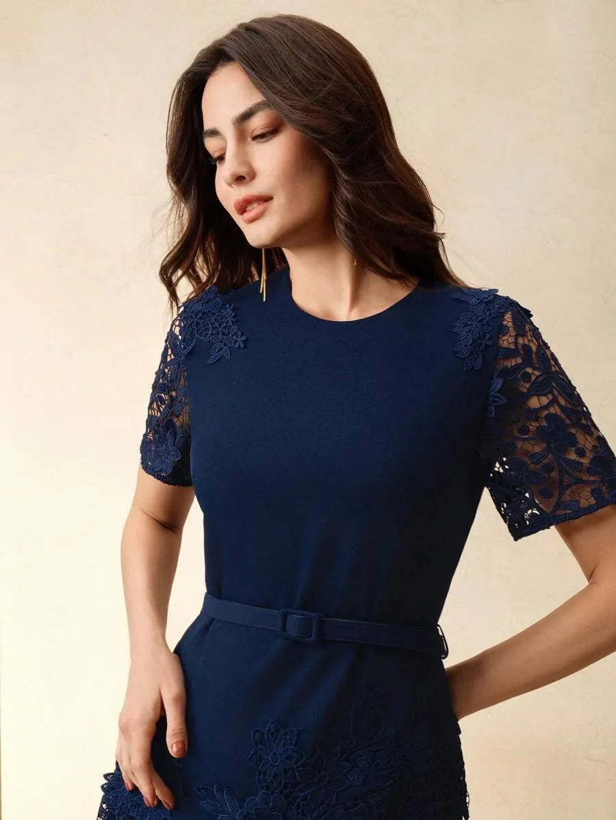 Elegant Lace HollowOut Patchwork Waist Belt Slim Waist Round Neck Midi Dress Summer Easter Outfit