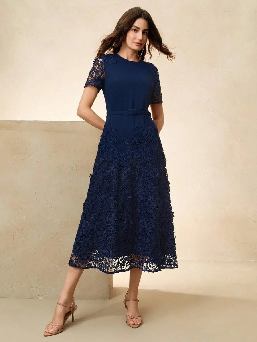 Elegant Lace HollowOut Patchwork Waist Belt Slim Waist Round Neck Midi Dress Summer Easter Outfit
