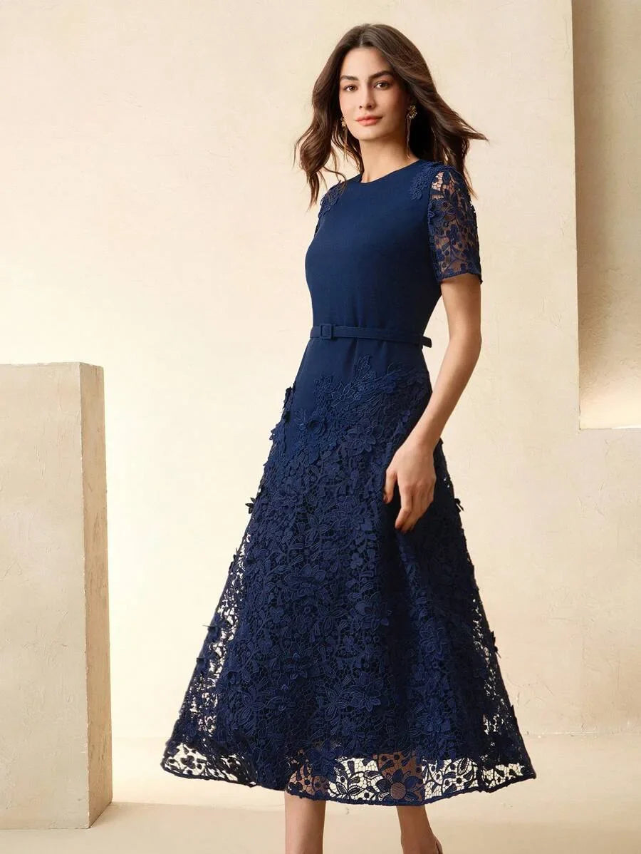 Elegant Lace HollowOut Patchwork Waist Belt Slim Waist Round Neck Midi Dress Summer Easter Outfit