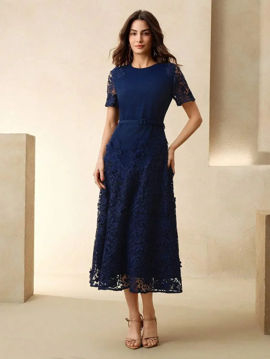 Elegant Lace HollowOut Patchwork Waist Belt Slim Waist Round Neck Midi Dress Summer Easter Outfit