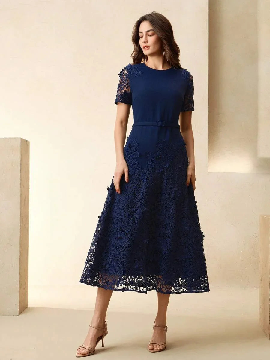 Elegant Lace HollowOut Patchwork Waist Belt Slim Waist Round Neck Midi Dress Summer Easter Outfit