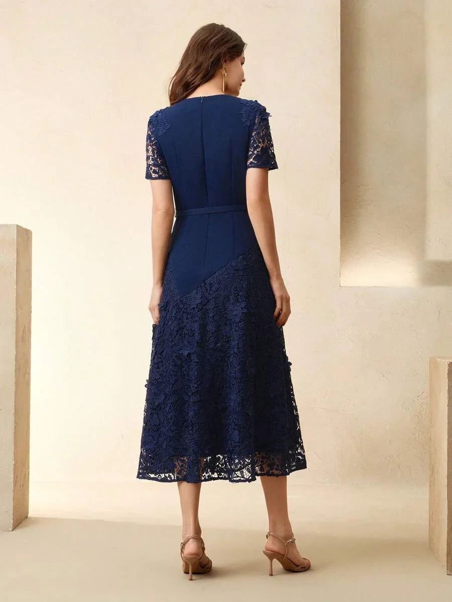 Elegant Lace HollowOut Patchwork Waist Belt Slim Waist Round Neck Midi Dress Summer Easter Outfit