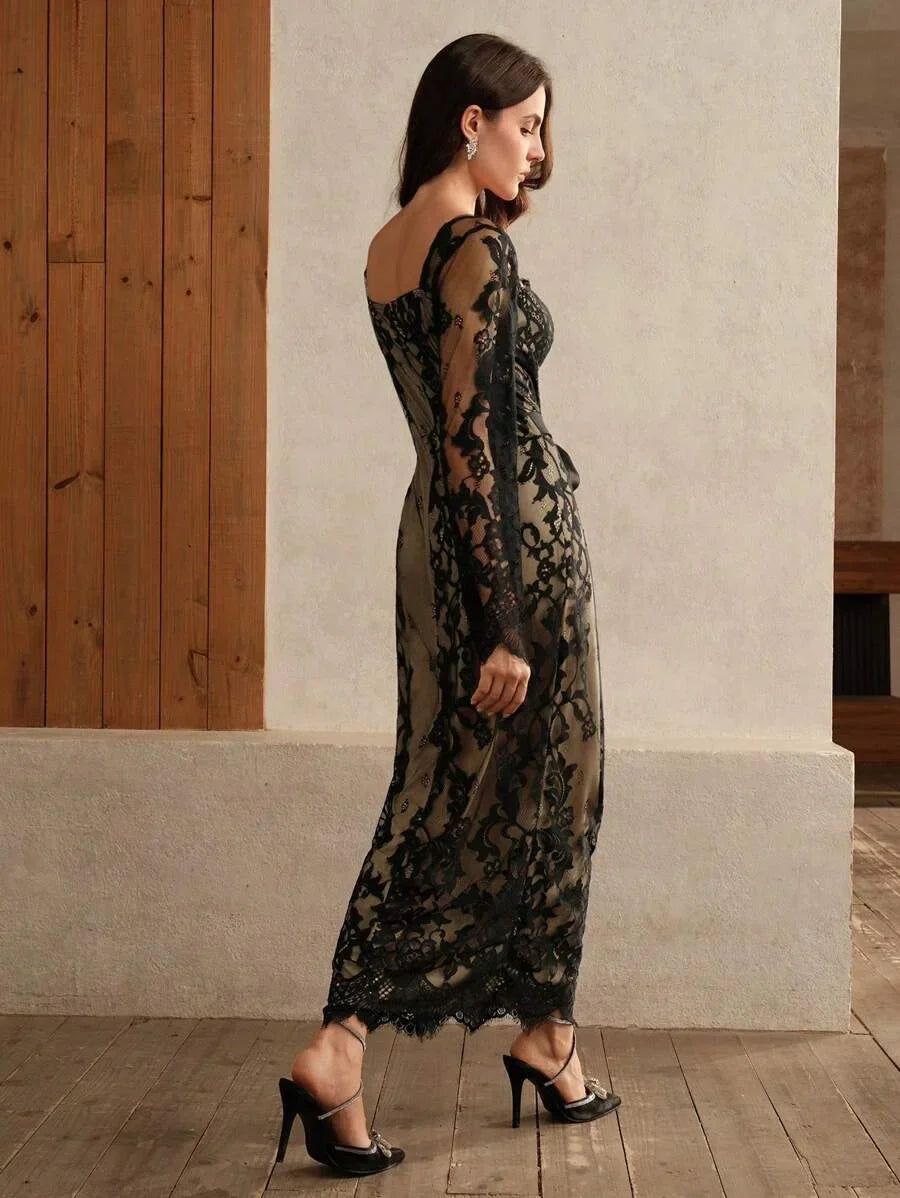 Elegant Lace Long Sleeve Bodycon Dress Maxi Embroidery Women Outfit