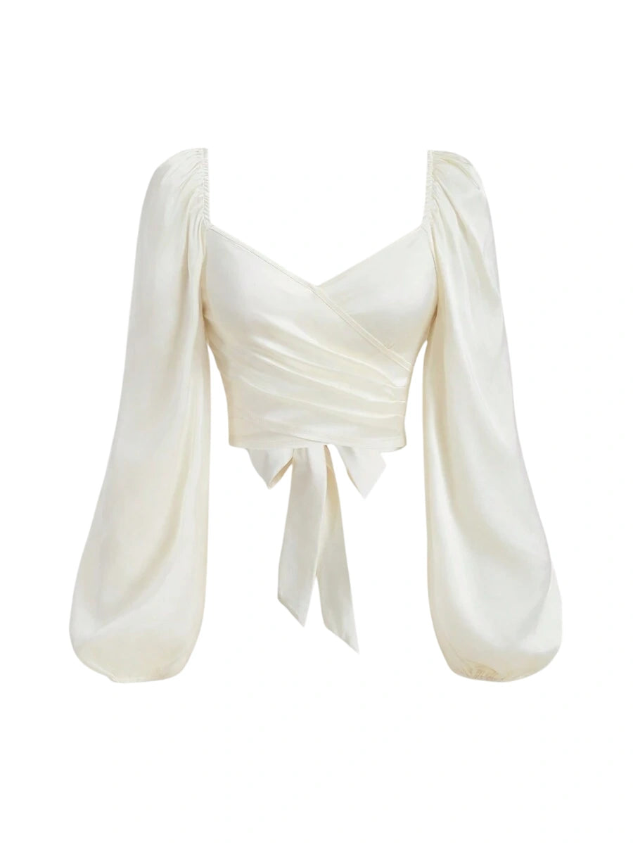 Elegant Ladies Solid Color Lantern Sleeve Wrap Shirt With Ties SpringSummer