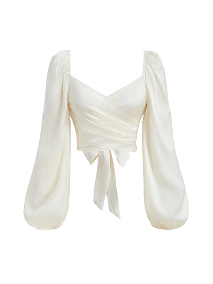 Elegant Ladies Solid Color Lantern Sleeve Wrap Shirt With Ties SpringSummer
