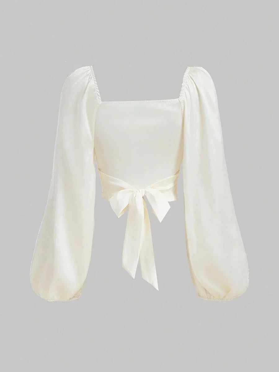 Elegant Ladies Solid Color Lantern Sleeve Wrap Shirt With Ties SpringSummer