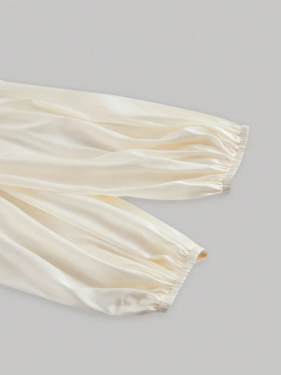 Elegant Ladies Solid Color Lantern Sleeve Wrap Shirt With Ties SpringSummer