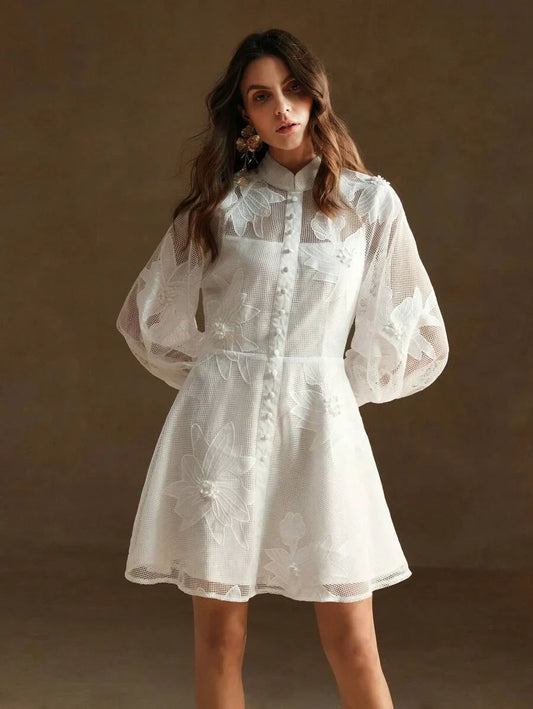 Elegant Lantern Sleeve White Lace WaistCinched Womens Dress Suitable For Office