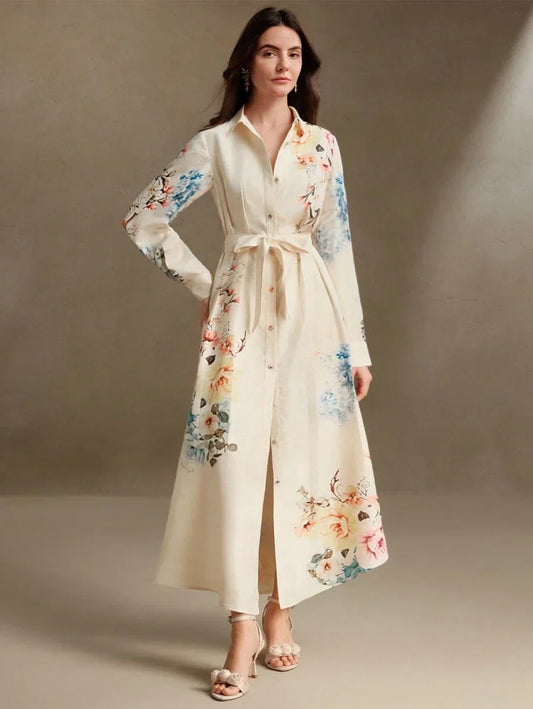 Elegant LinenLike Printed Tie Waist Floral Midi Dress Spring Outfit For Women