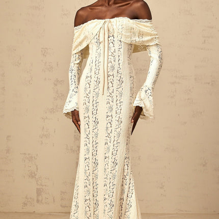 Elegant long floral lace maxi dress with train in neutral tones featuring delicate Emeline design