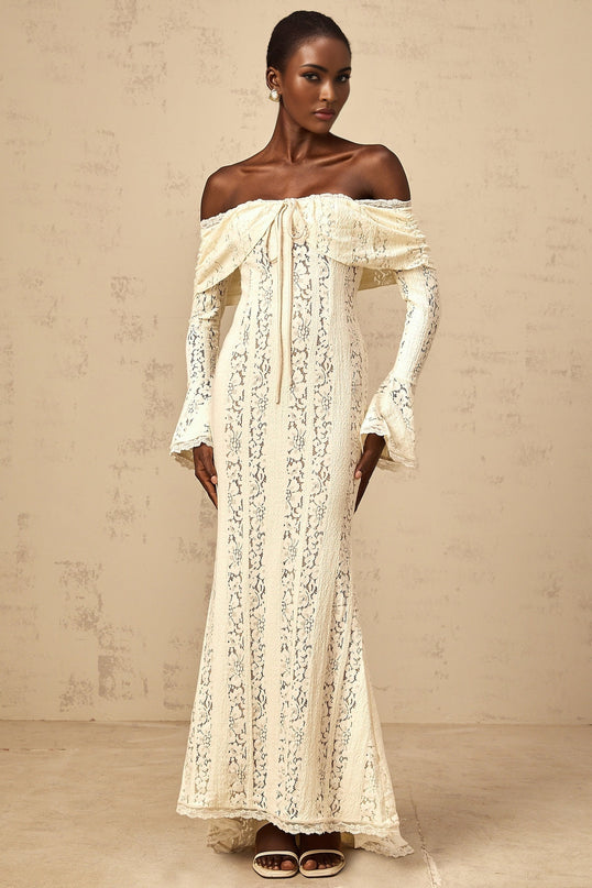Elegant long floral lace maxi dress with train in neutral tones featuring delicate Emeline design