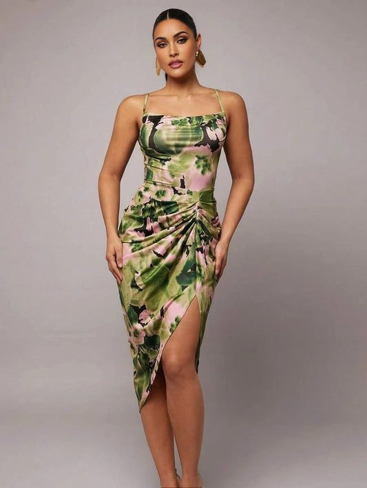 Elegant Minimalist Solid Color Stand Collar Ruched Slim Fit Sleeveless Dress