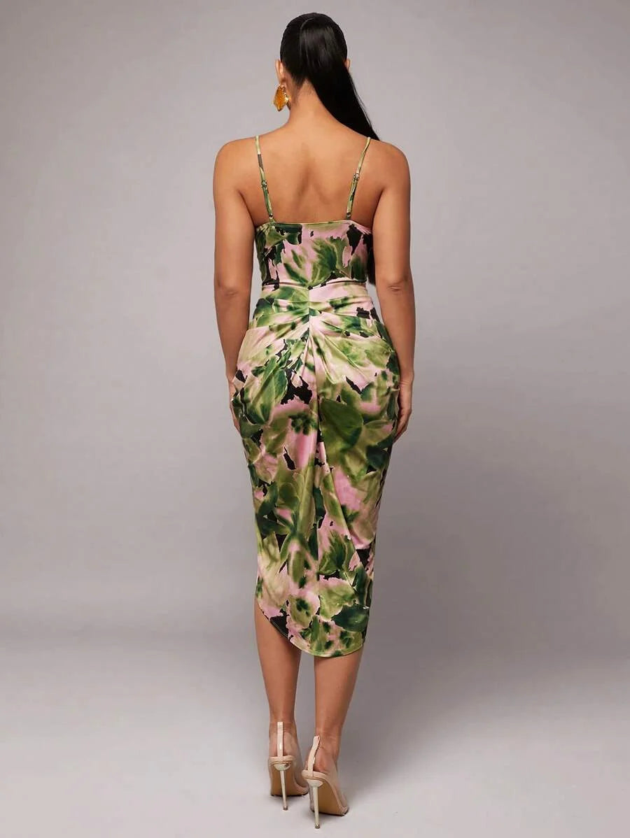 Elegant Minimalist Solid Color Stand Collar Ruched Slim Fit Sleeveless Dress