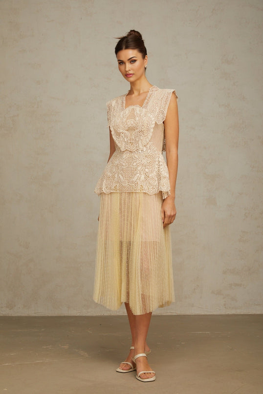 Elegant neutral midi dress with floral lace panels and tulle fabric named Celeste
