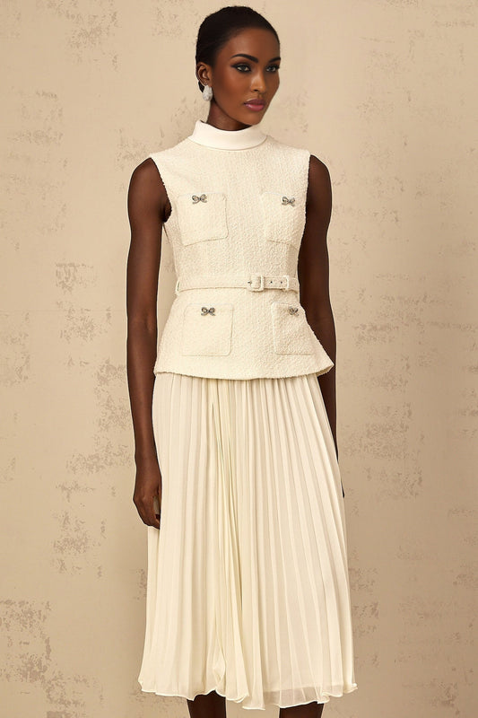 Elegant offwhite midi dress with tweed fabric and tulle panel details showcasing a blend of classic and feminine styles