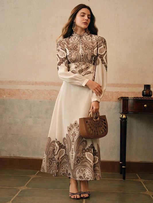 Elegant Paisley Print Long Sleeve Stand Collar Lantern Sleeve Dress Suitable For Valentines Day New