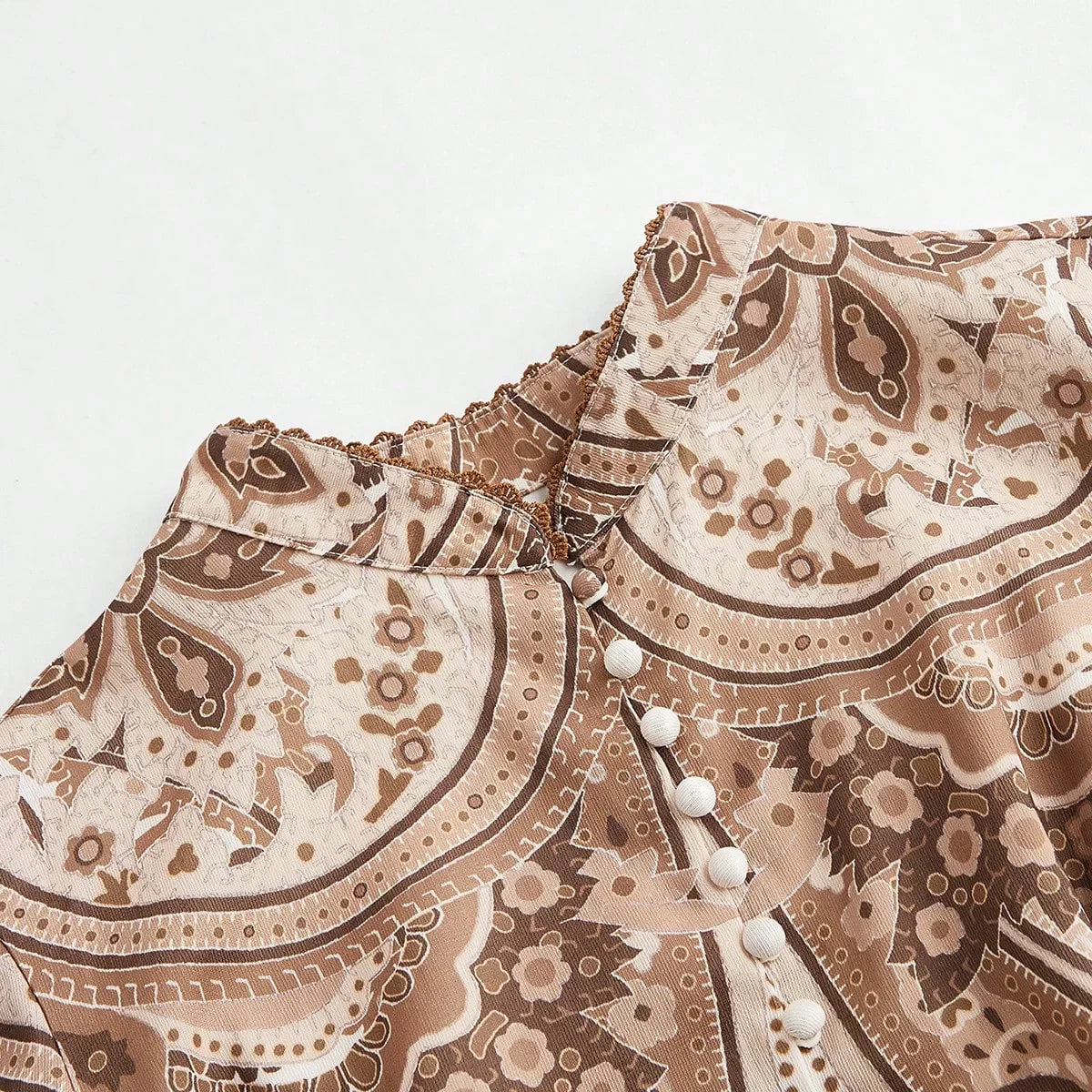 Elegant Paisley Print Long Sleeve Stand Collar Lantern Sleeve Dress Suitable For Valentines Day New