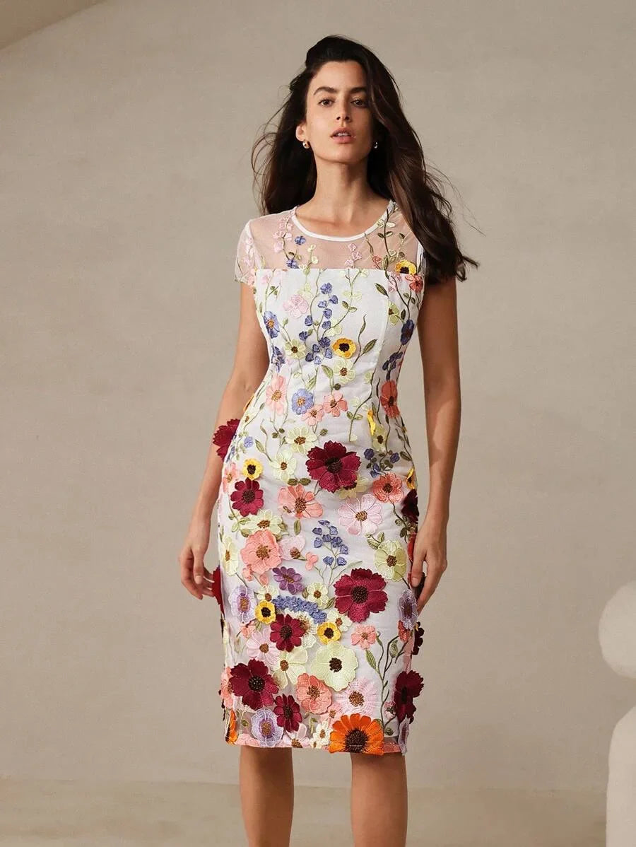 Elegant Party Delicate 3D Floral Decor Women Round Neck Slim Fit Waist Short Dress