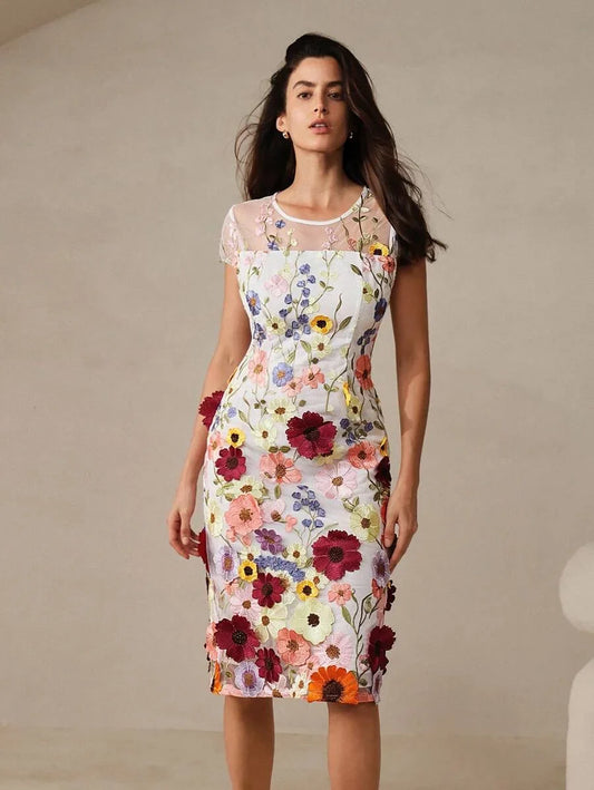 Elegant Party Delicate 3D Floral Decor Women Round Neck Slim Fit Waist Short Dress