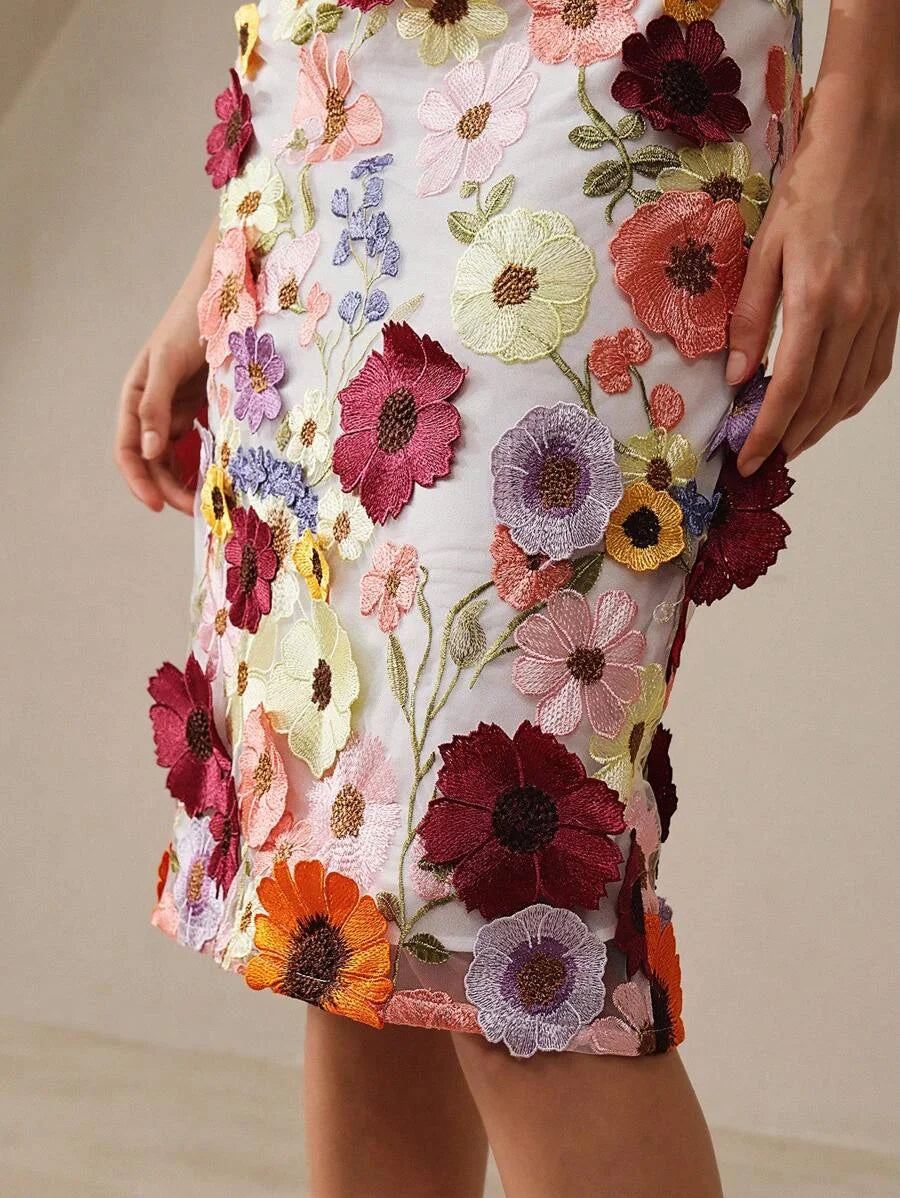 Elegant Party Delicate 3D Floral Decor Women Round Neck Slim Fit Waist Short Dress