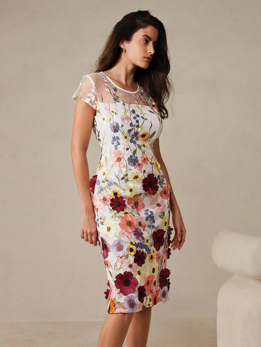 Elegant Party Delicate 3D Floral Decor Women Round Neck Slim Fit Waist Short Dress