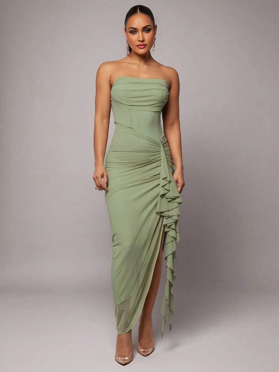 Elegant Romantic Green Floral Print Ruffle Neck amp Sleeve Slit Dress Suitable For SpringSummer