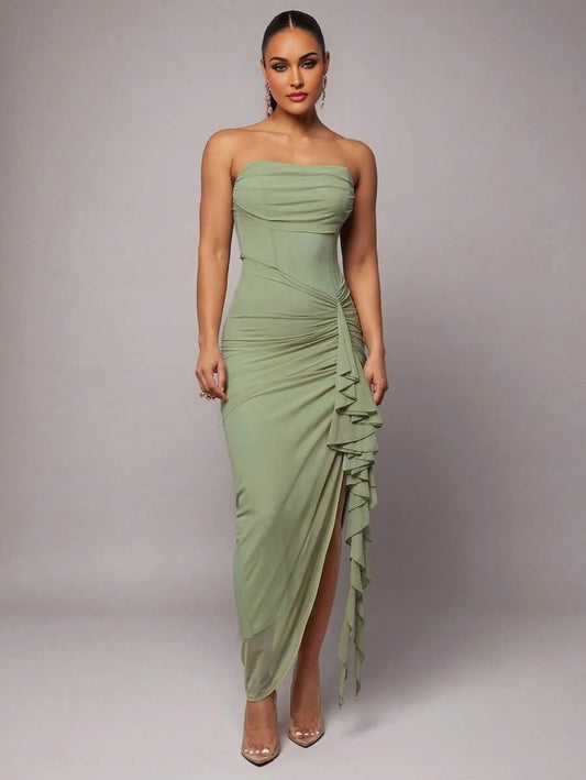 Elegant Romantic Green Floral Print Ruffle Neck amp Sleeve Slit Dress Suitable For SpringSummer