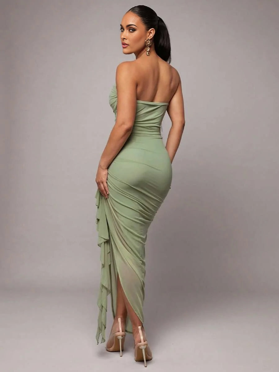 Elegant Romantic Green Floral Print Ruffle Neck amp Sleeve Slit Dress Suitable For SpringSummer