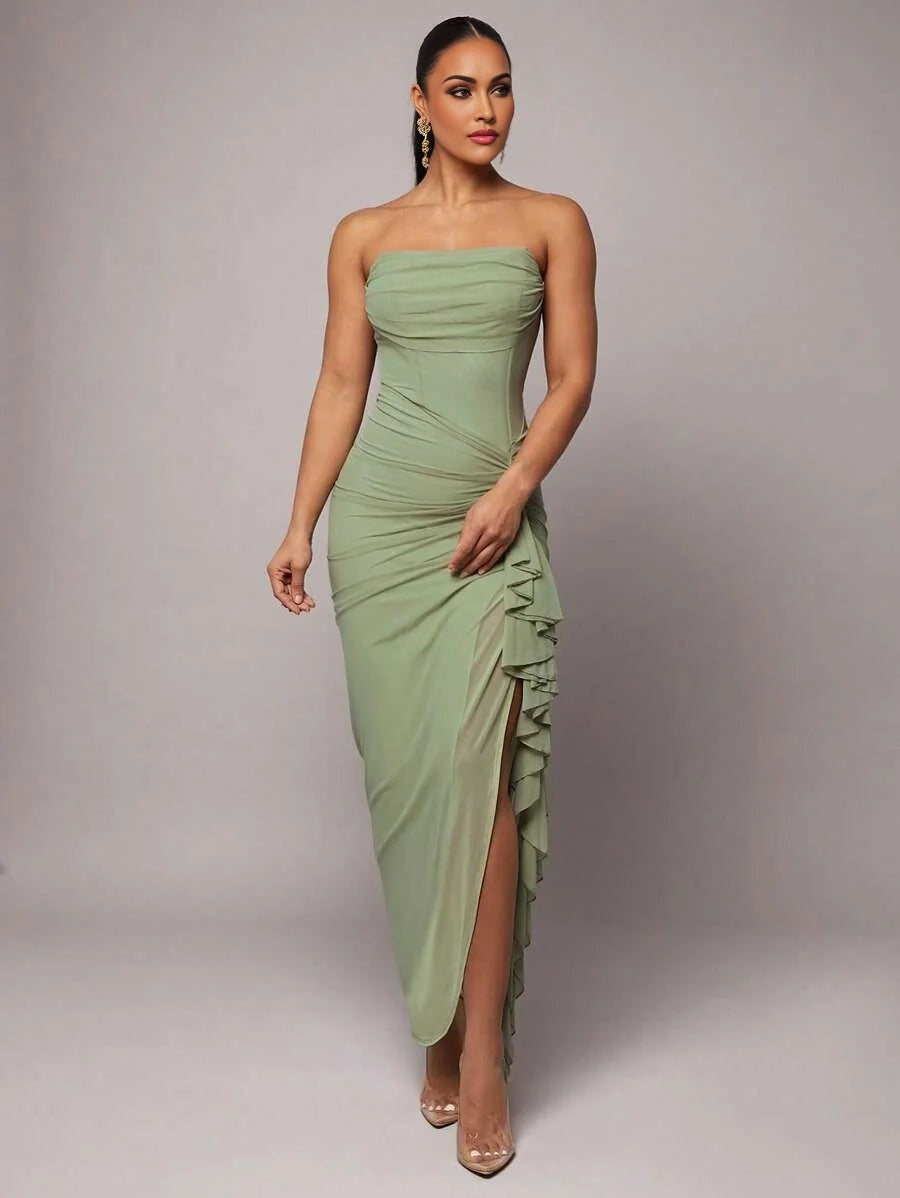 Elegant Romantic Green Floral Print Ruffle Neck amp Sleeve Slit Dress Suitable For SpringSummer