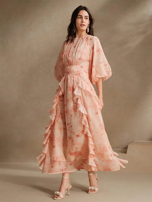 Elegant Ruffle Cinched Waist ALine Pink Floral Print Lantern Sleeve Satin Chiffon Dress For Women