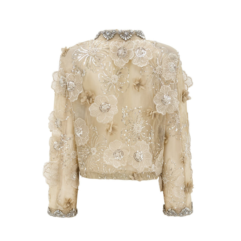 Elegant semi sheer jacket with floral beaded pattern on organza fabric in light luxury style