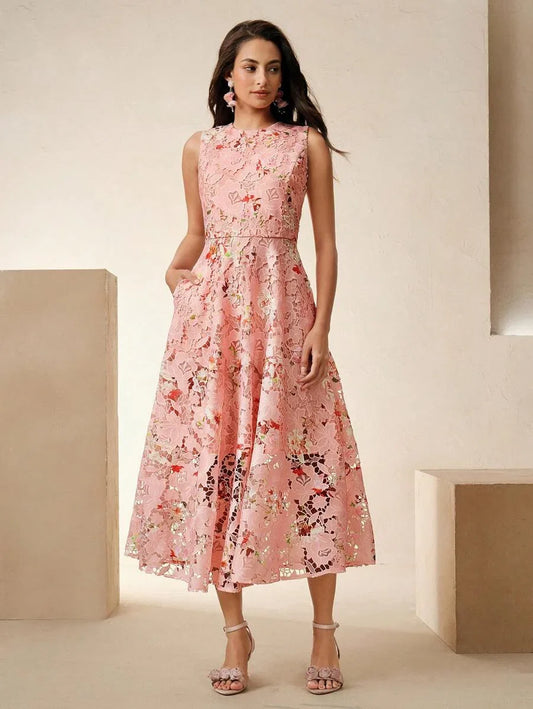 Elegant Sleeveless Ditsy Floral Embroidered Sundress For Women Suitable For Spring Summer Vacation