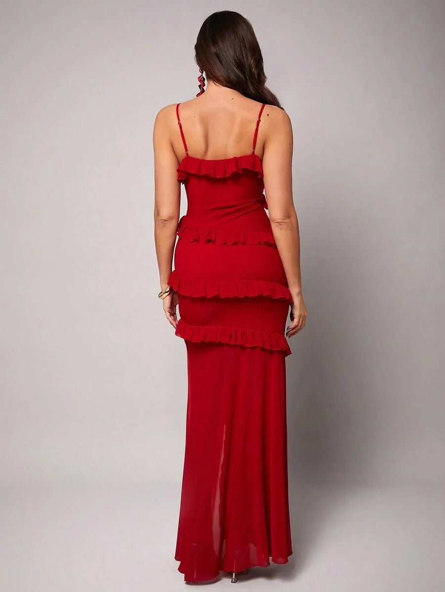Elegant Solid Color Ruffle Hem High Slit Maxi Slip Dress Women Elegant Dresses Women Dress