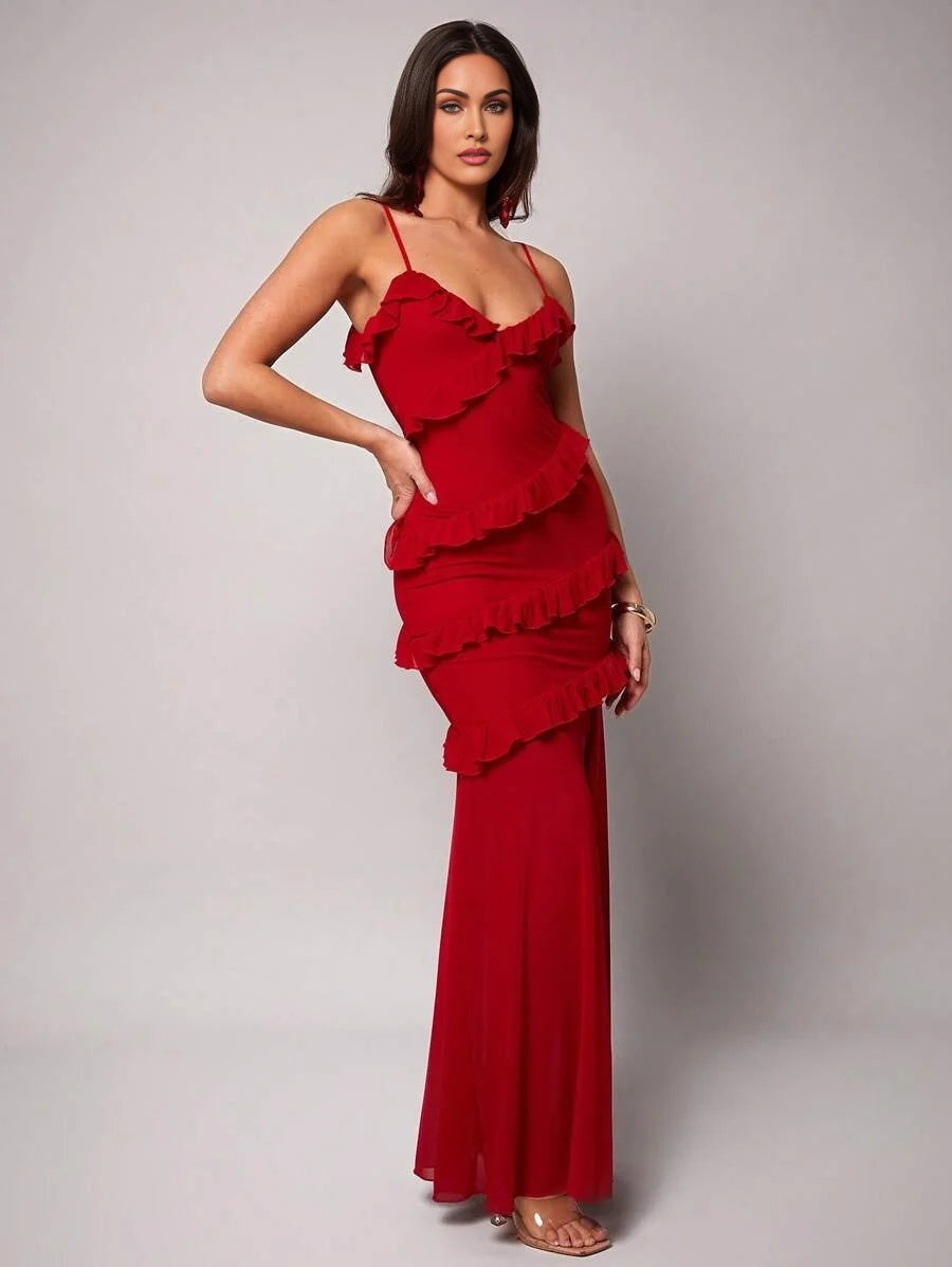 Elegant Solid Color Ruffle Hem High Slit Maxi Slip Dress Women Elegant Dresses Women Dress